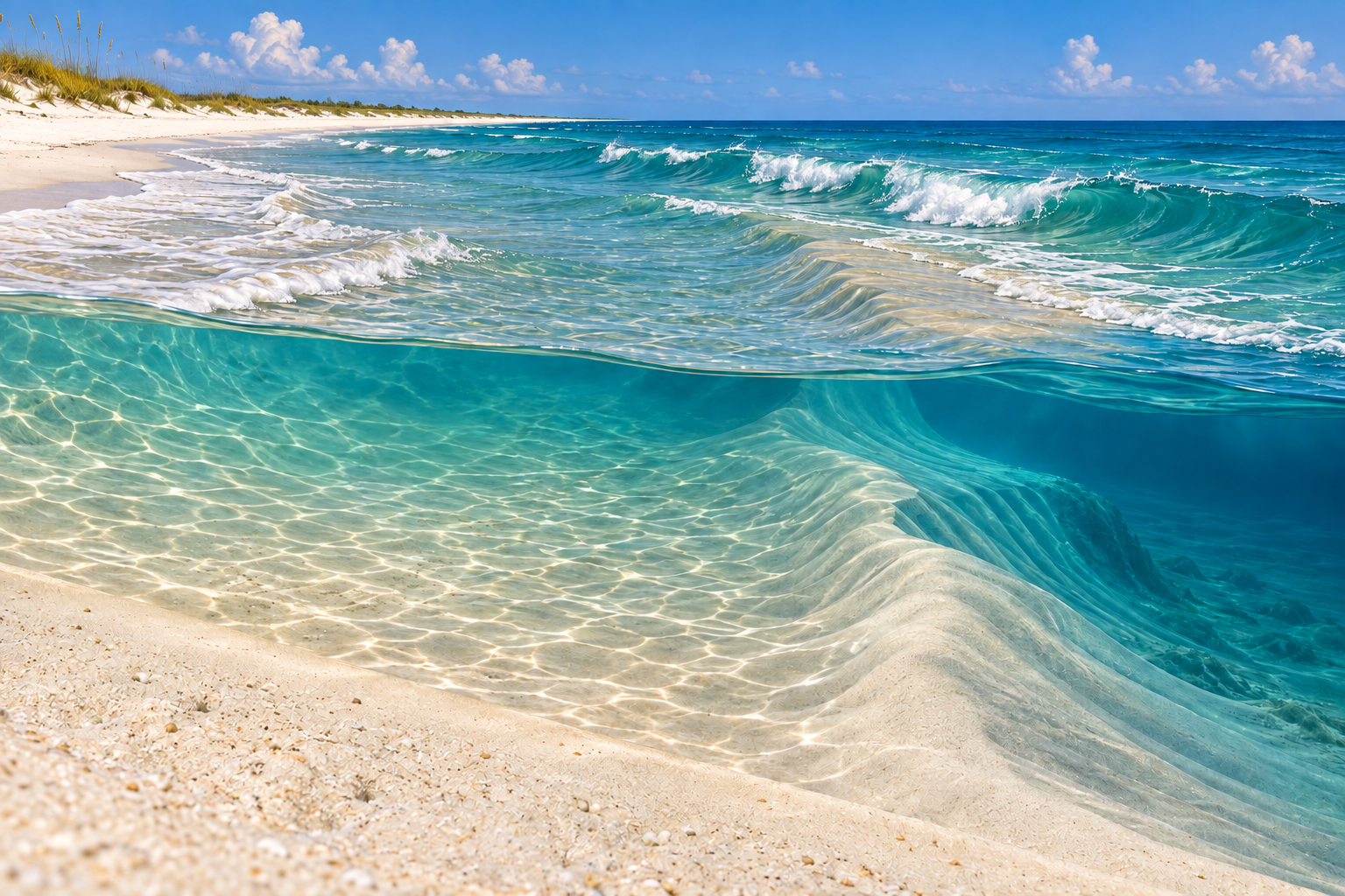 Cutaway illustration showing shallow beach water, a raised sandbar and a deeper trough