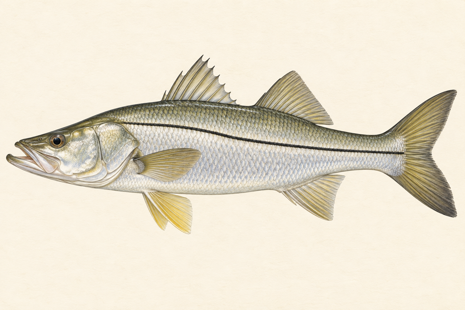 Illustration of a common snook in side profile showing its black lateral line, large mouth and two dorsal fins