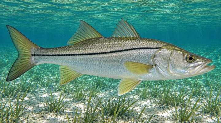 Common snook with a black lateral stripe swimming above seagrass and sand