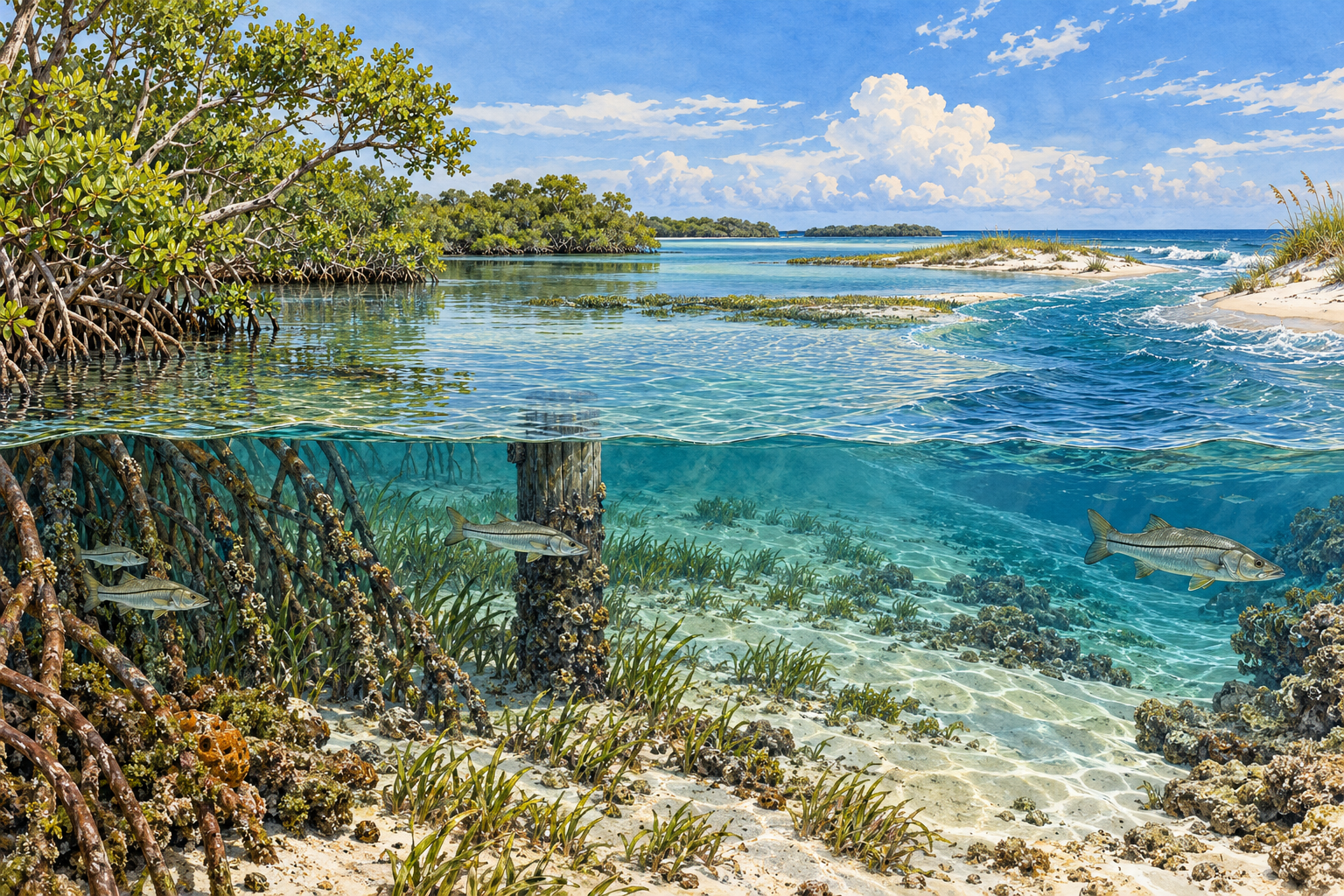 Illustration of snook habitat connecting mangrove roots and a dock piling to an estuary and sandy coastal pass
