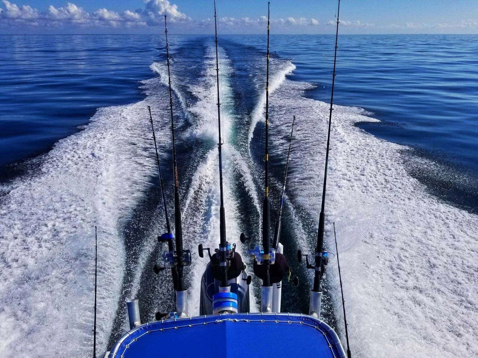 Fishing rods above the boat's wake
