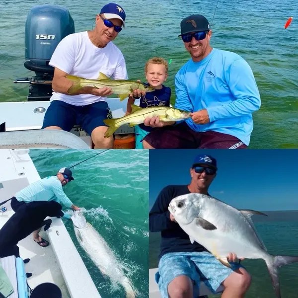 All World Fishing Charters collage of family catches and a fish release