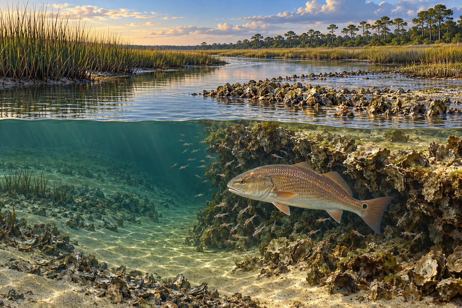 Redfish beside an oyster bar in a tidal salt-marsh creek illustration
