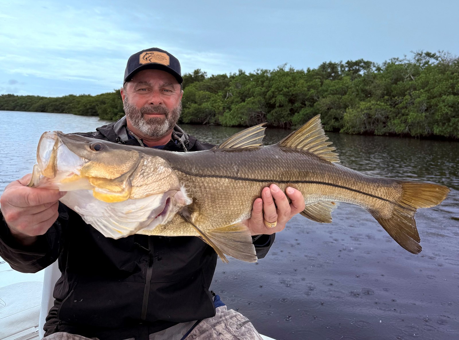 Angler holding a snook near mangroves with Skins and Fins Charters
