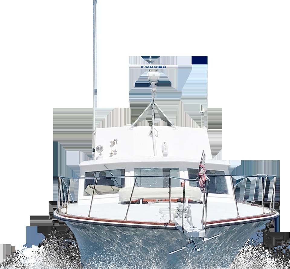 Bow and cabin of New Beginning viewed from ahead
