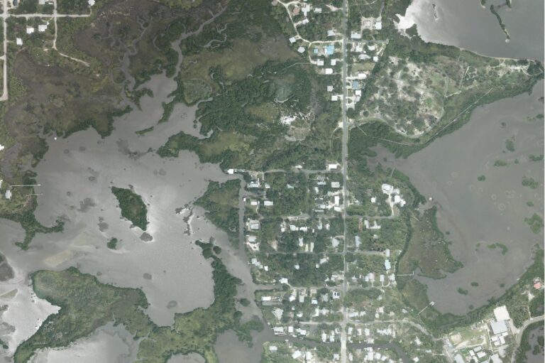 Aerial view of Cedar Key and surrounding shallow island waters in August 2024