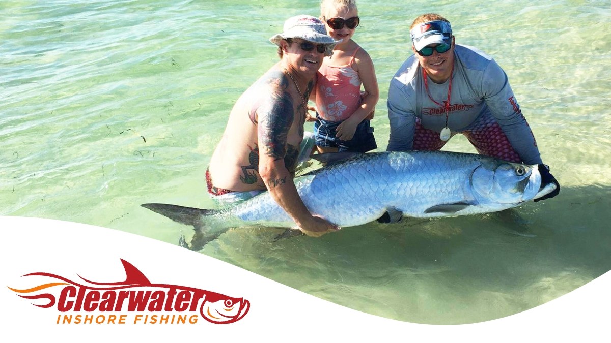 Clearwater Inshore Fishing group supporting a tarpon in shallow water