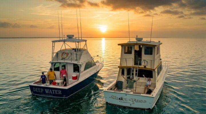 DeepWater and ShortFuse fishing boats side by side at sunset