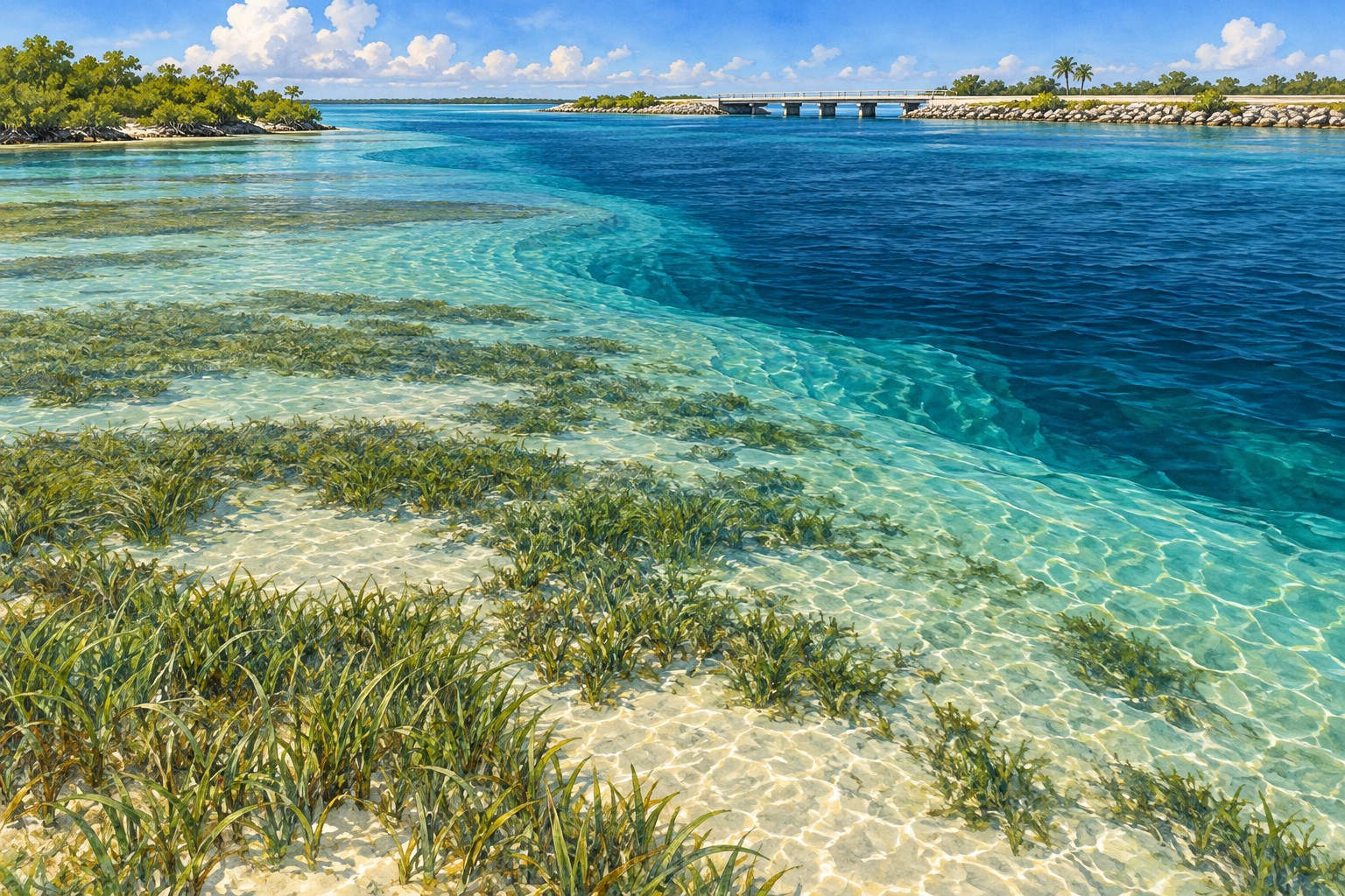 Illustration of shallow seagrass and sand meeting a deeper channel beside a coastal causeway