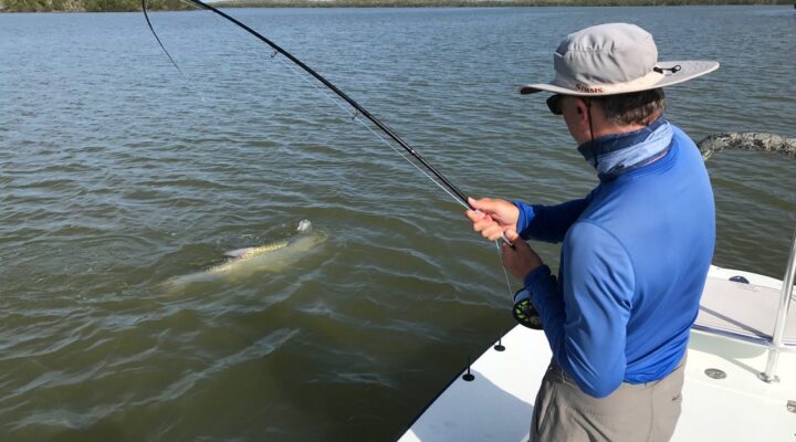 Fly angler fighting a fish beside a skiff with Fly Fish Everglades