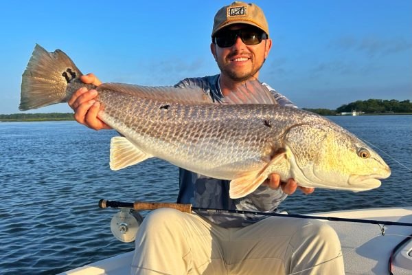 Fly Fish Sarasota angler holding a redfish on a skiff
