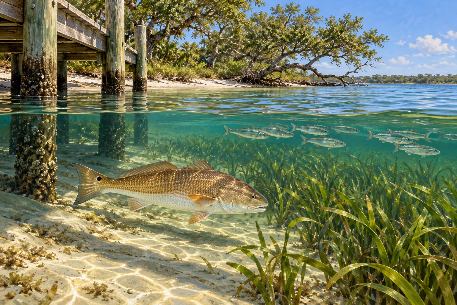 Redfish beside a shaded dock piling and a seagrass edge in shallow sound water