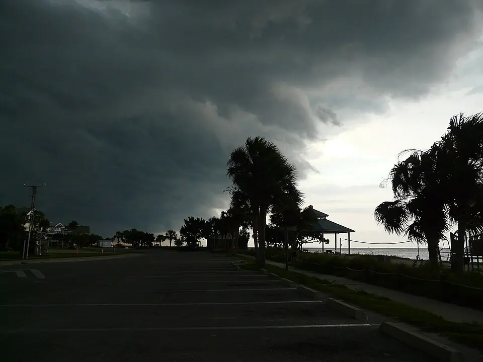 Street and palms beside Shell Point Beach under storm clouds