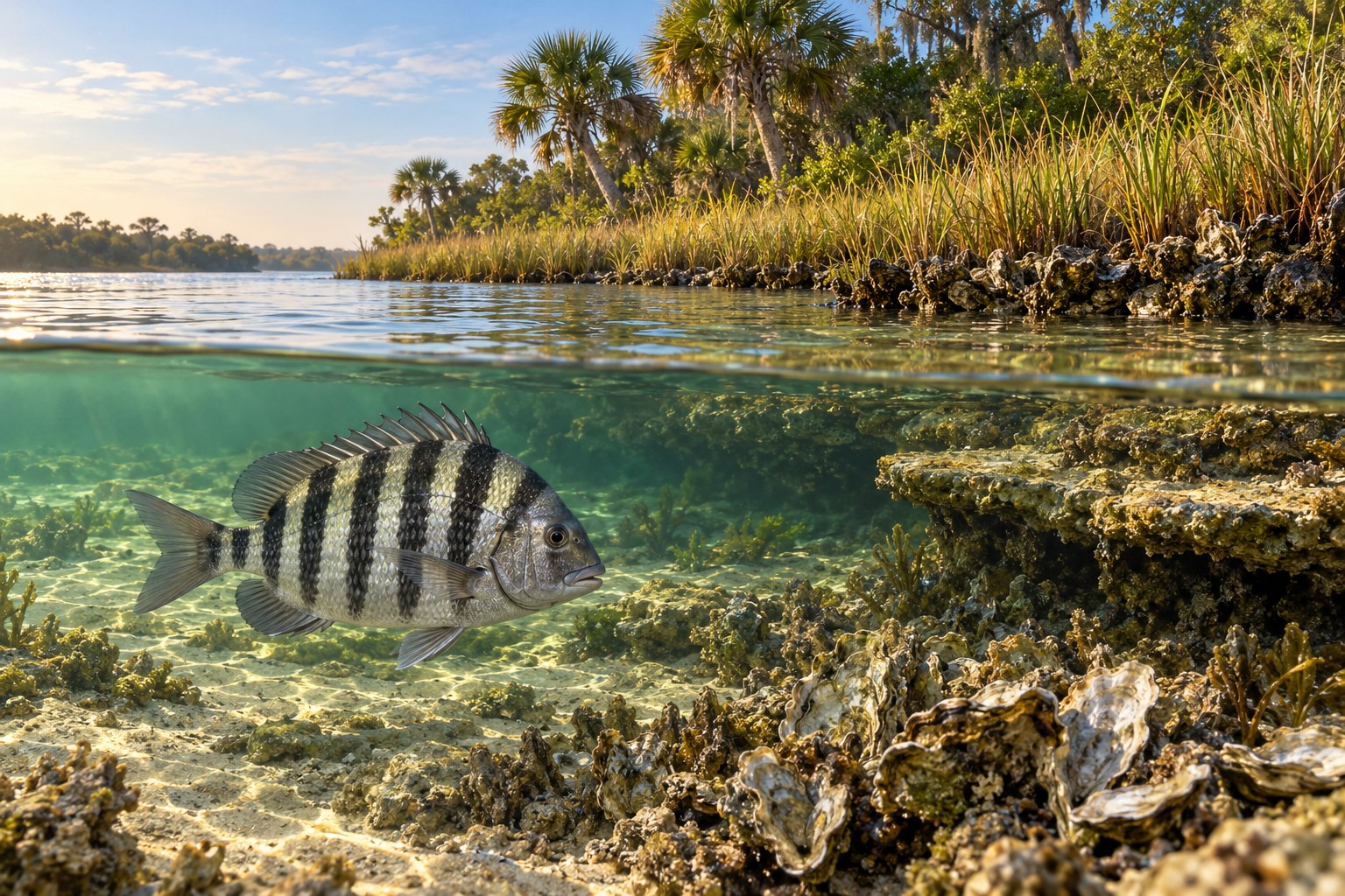Sheepshead beside oyster shell and a limestone ledge in a Homosassa coastal habitat illustration