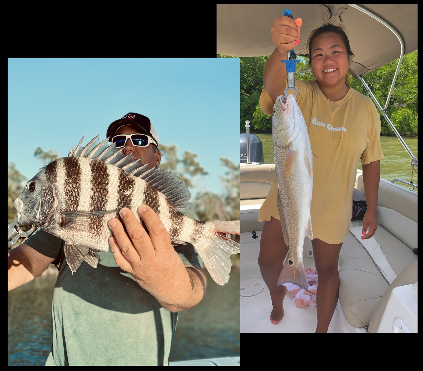 Island Bay Charters photo collage of anglers displaying their catches
