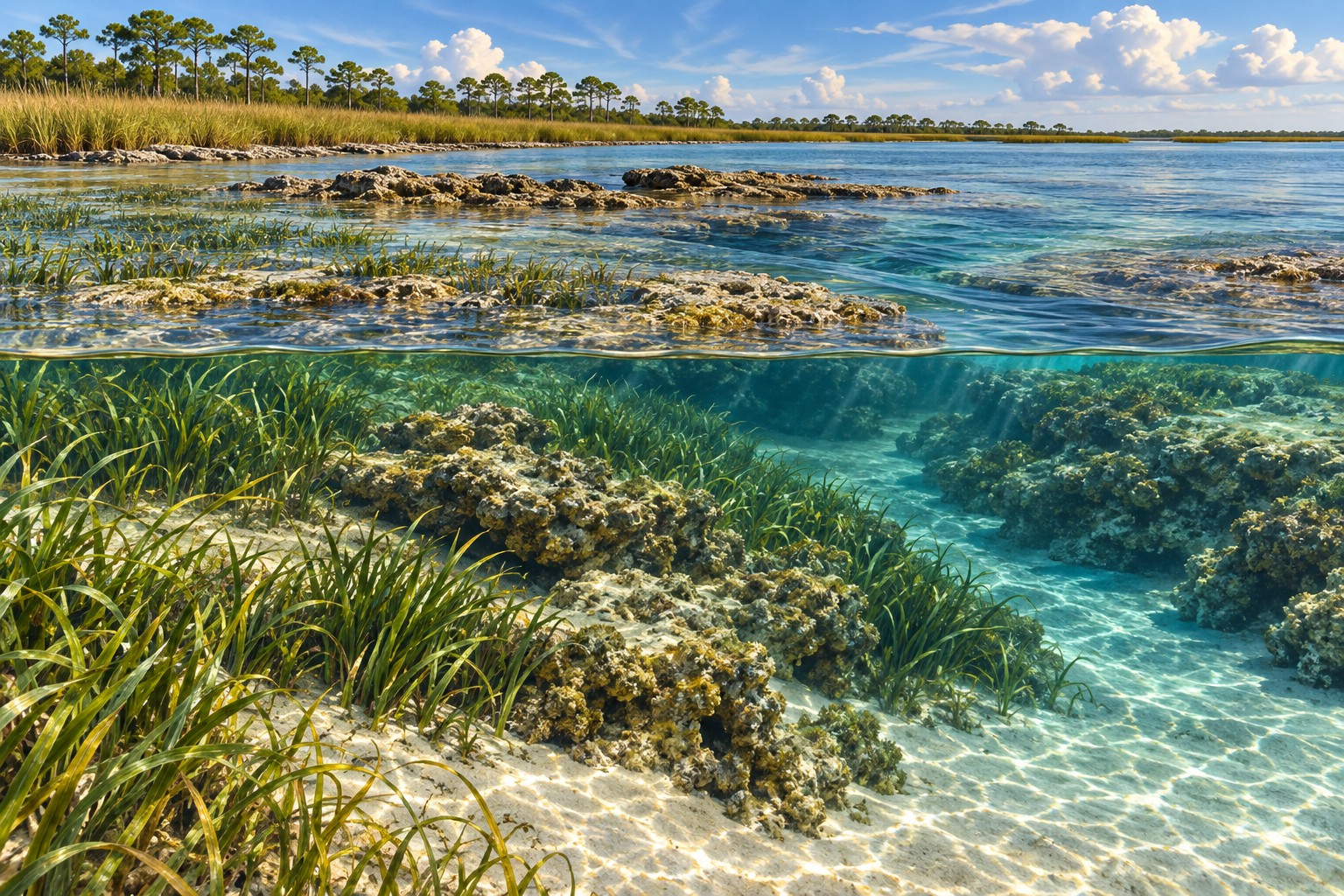 Illustration of shallow Big Bend seagrass with limestone rocks and a sandy depression