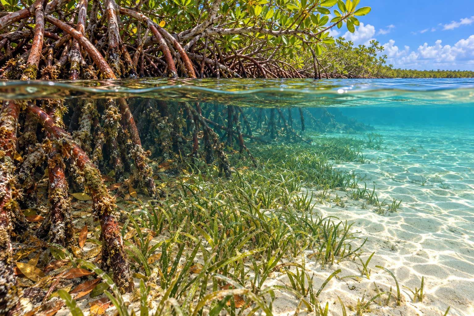 Illustration showing mangrove prop roots underwater beside seagrass and an open sandy lane