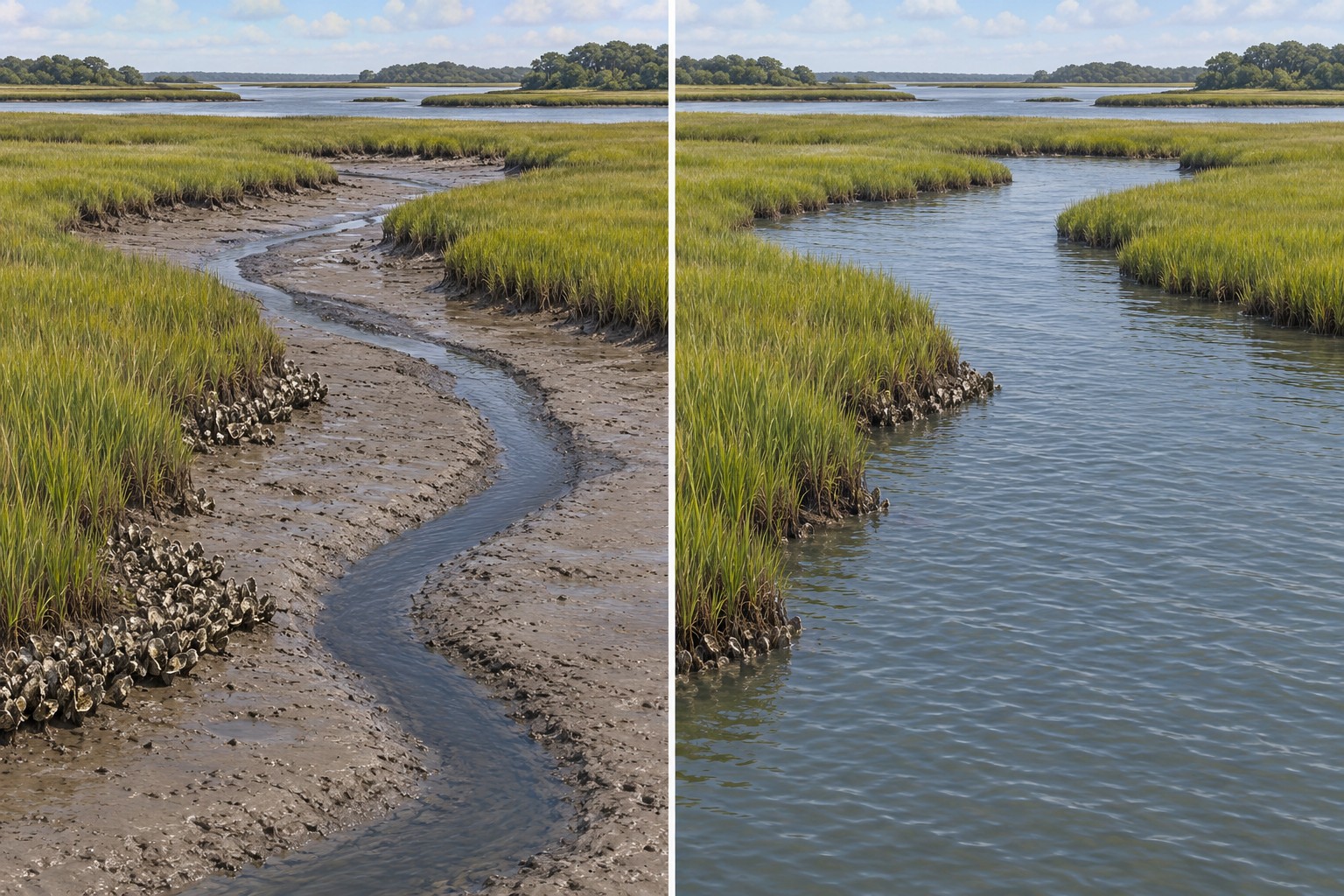 Two-panel illustration comparing a salt marsh creek at lower and higher water levels