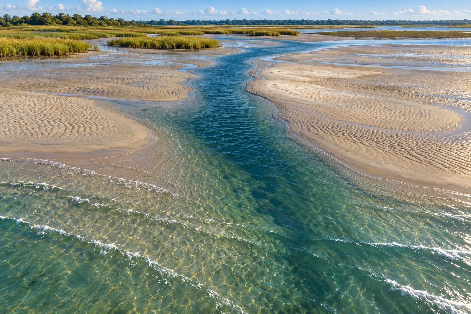 Illustration of a deeper tidal drain winding through exposed sand and marsh flats