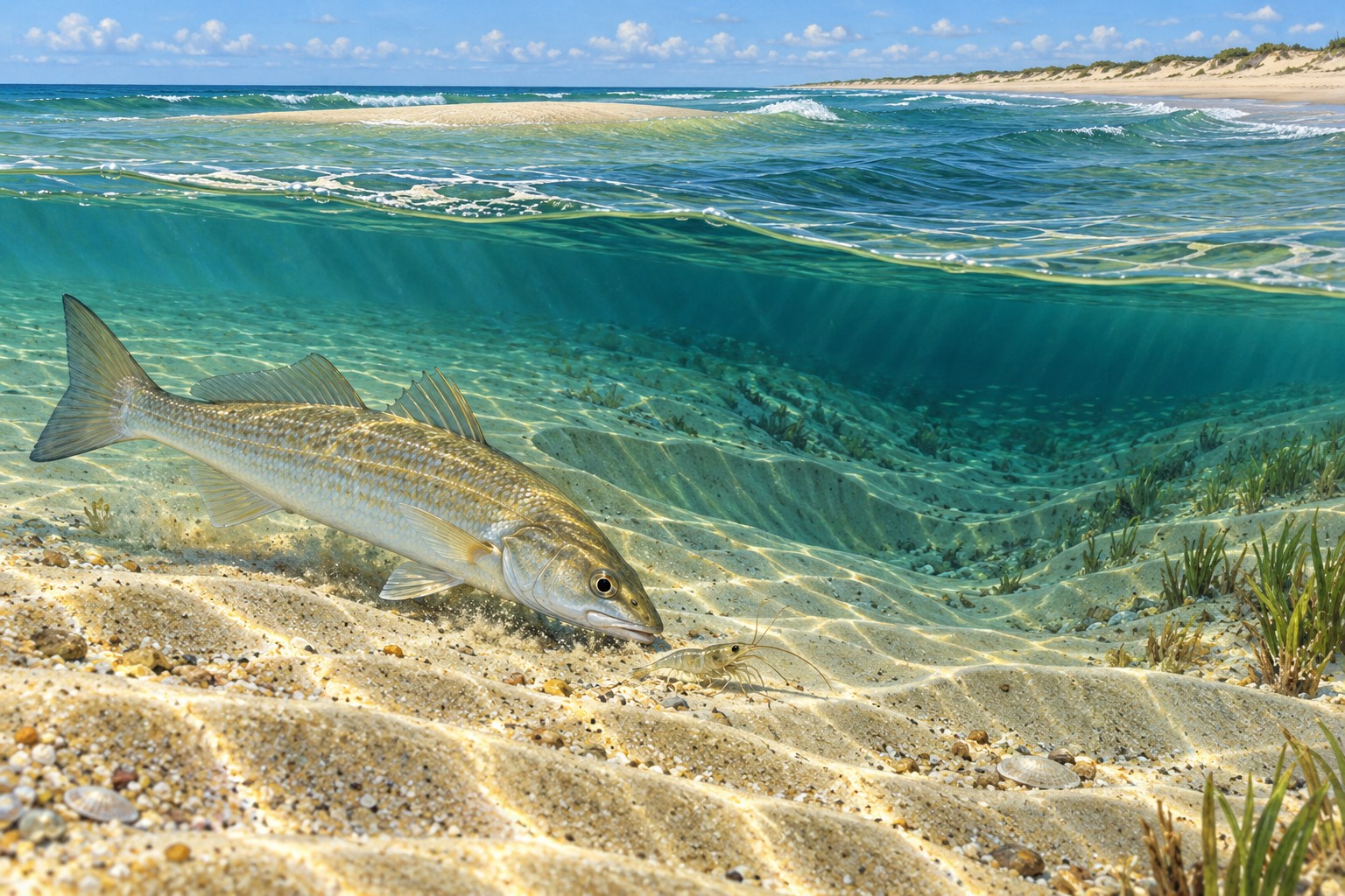 Illustration of whiting searching a sandy beach trough for shrimp