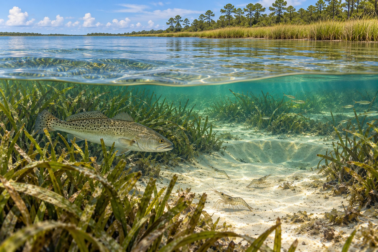 Spotted seatrout beside a sandy pocket in a seagrass meadow, shown in an underwater illustration