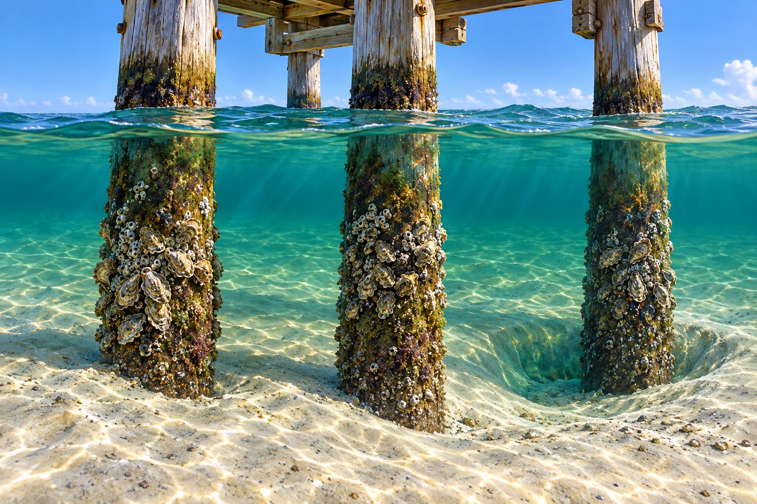 Illustration of submerged pier pilings with marine growth and sandy bottom beside them