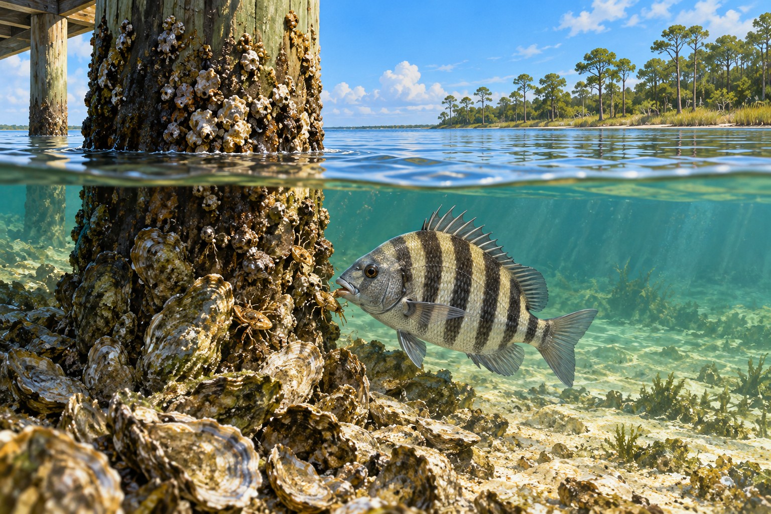 Sheepshead feeding beside a barnacle-covered pier piling in a habitat illustration