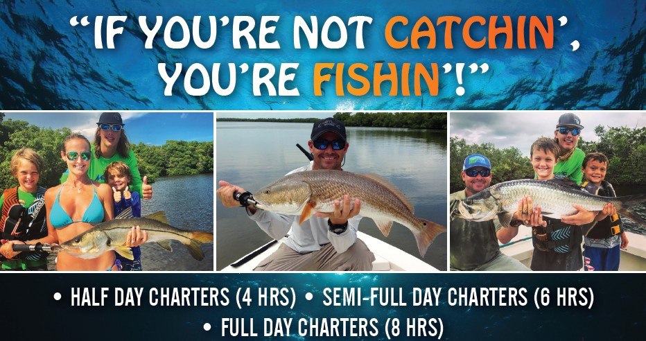 Redfish Rob's Charters photo collage of fishing catches and charter information