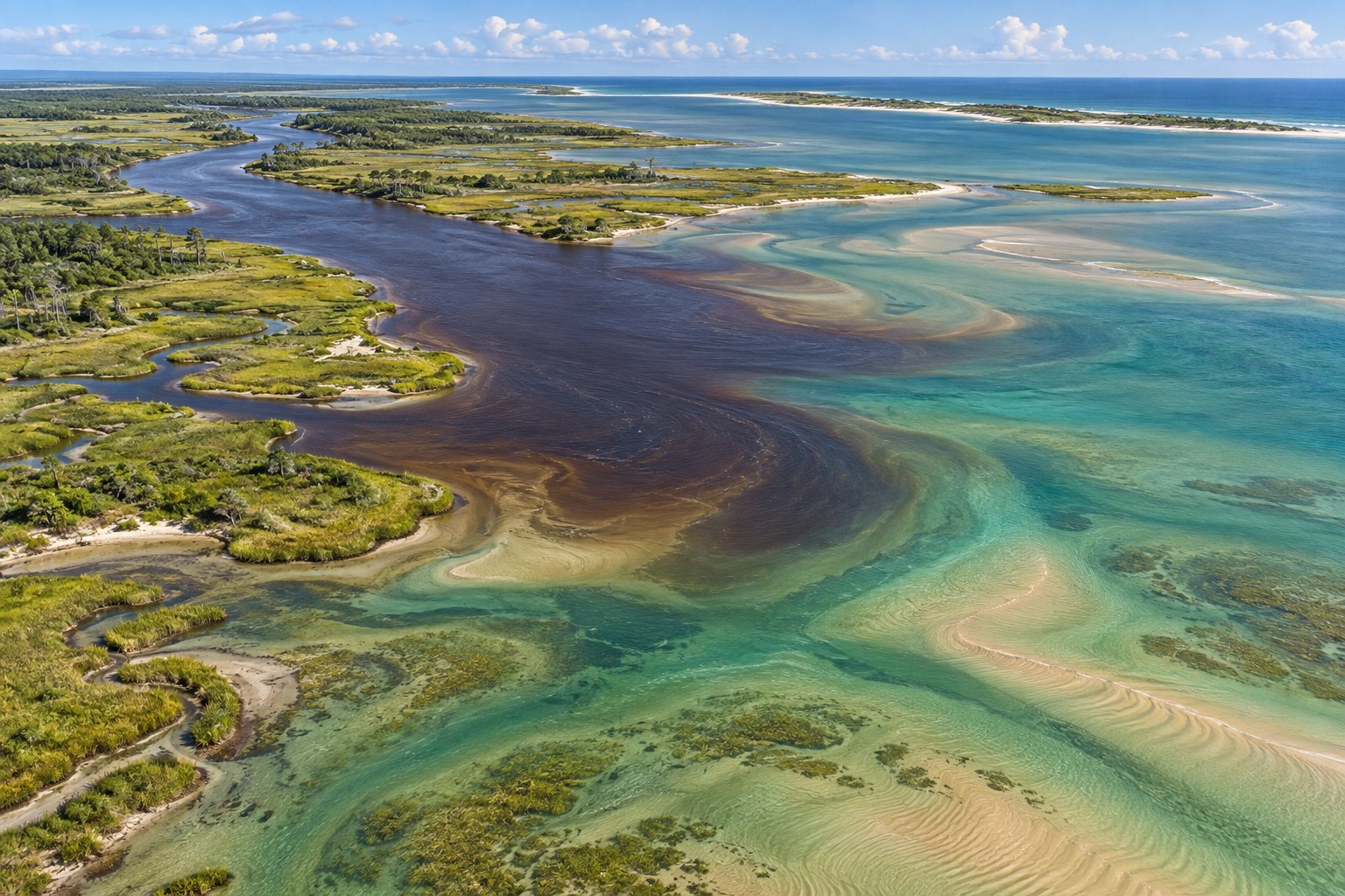 Illustration of a river mouth with darker river water meeting a shallow green coastal bay