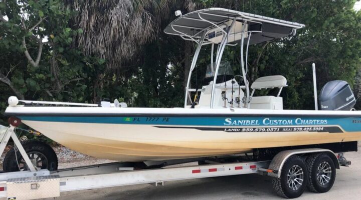 Sanibel Custom Charters Ranger bay boat on a trailer