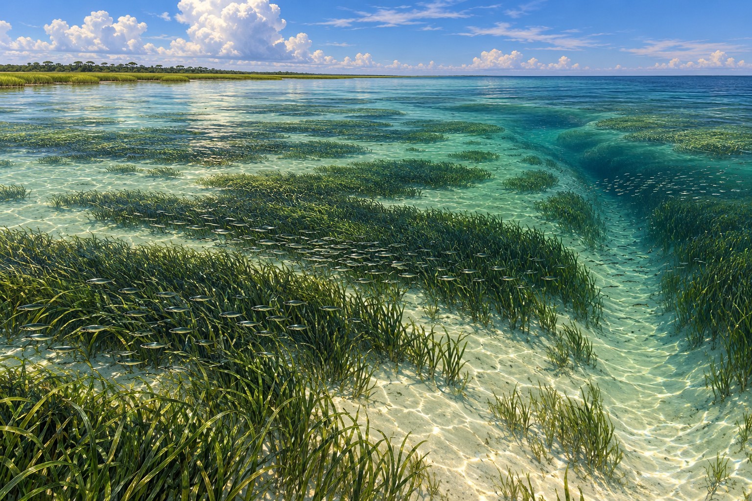 Apalachee Bay habitat illustration showing seagrass, sandy lanes and a slightly deeper pocket with baitfish