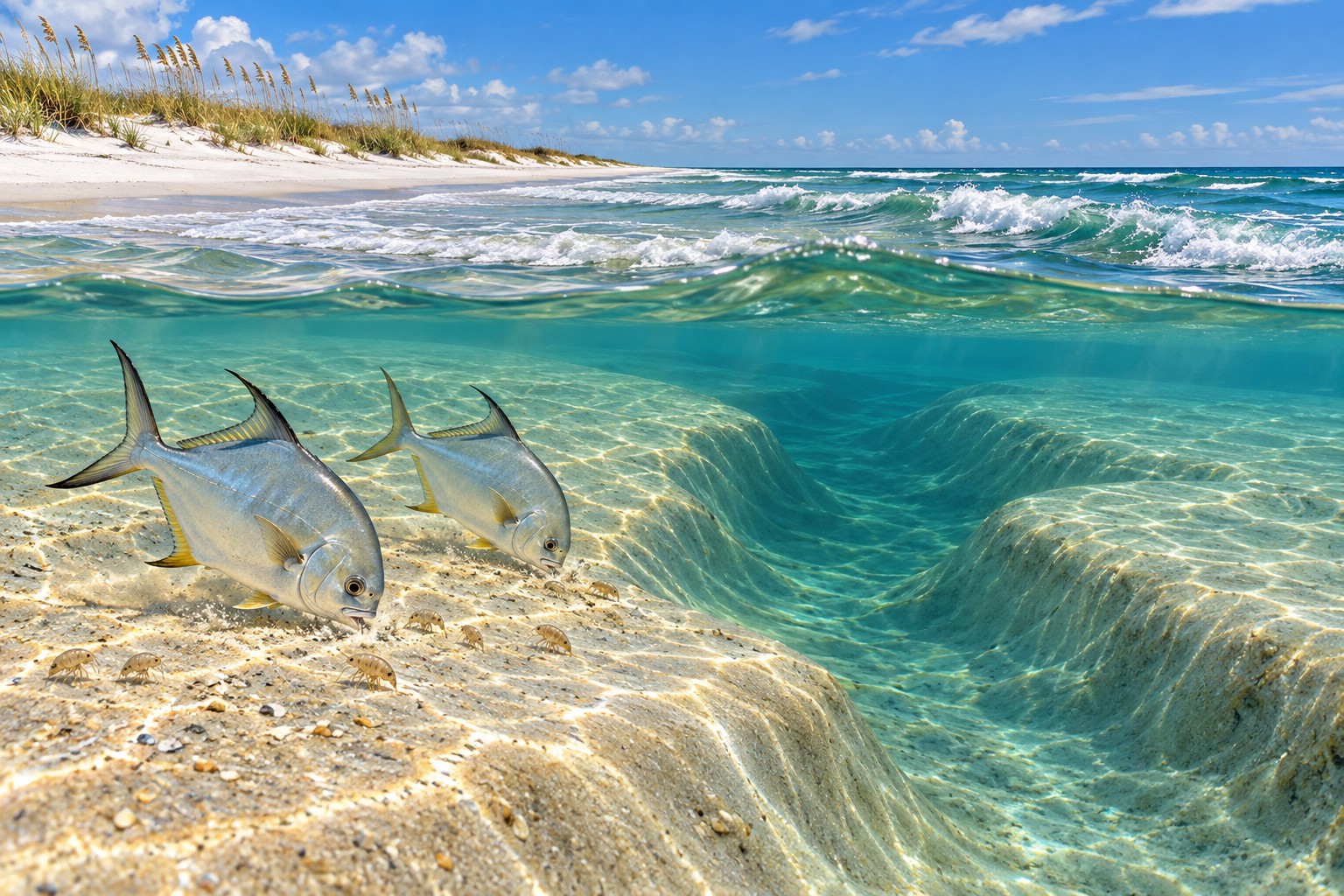 Pompano moving above a sandy surf trough in a coastal habitat illustration