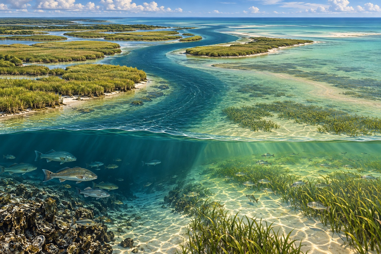 Illustration of a tidal river channel opening into shallow coastal grass flats