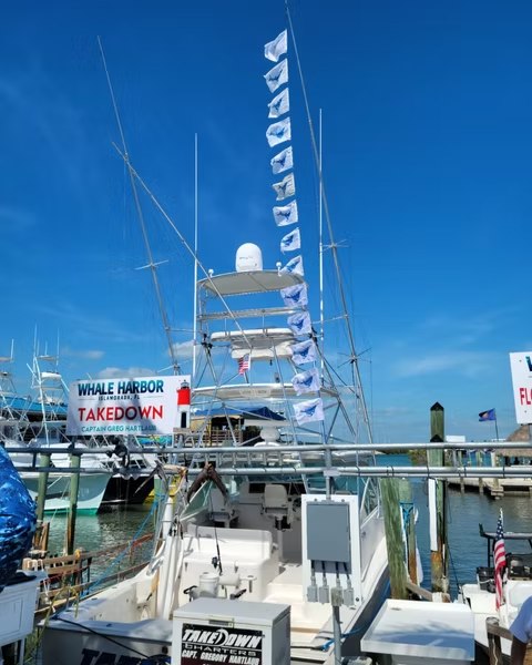 Takedown sportfishing boat with tower at the marina