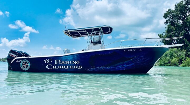 TNT Fishing Charters blue center console boat near shore