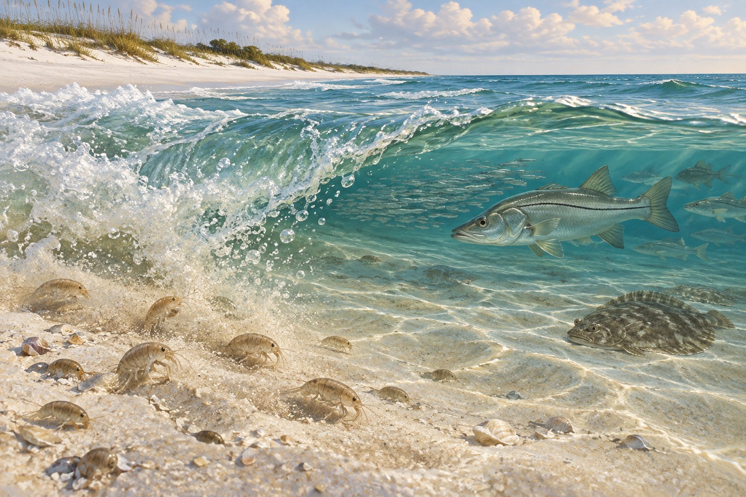 Habitat illustration showing sand fleas beneath a breaking wave and coastal fish beyond