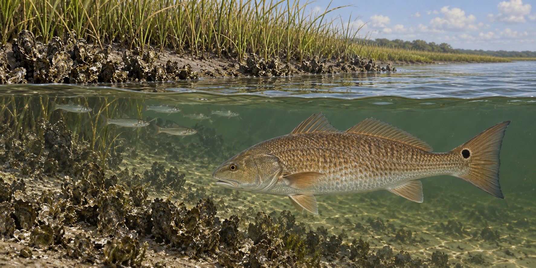 Illustration of a redfish following mullet beside an oyster-lined salt-marsh creek
