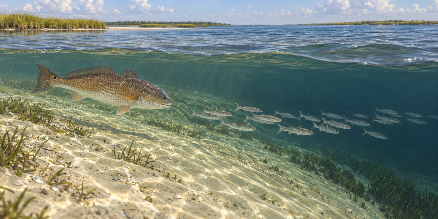 Illustration of a redfish following a sandbar along Nassau Sound habitat