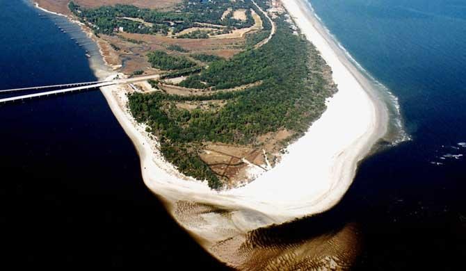 Aerial view of southern Amelia Island, Nassau Sound and the bridge approach