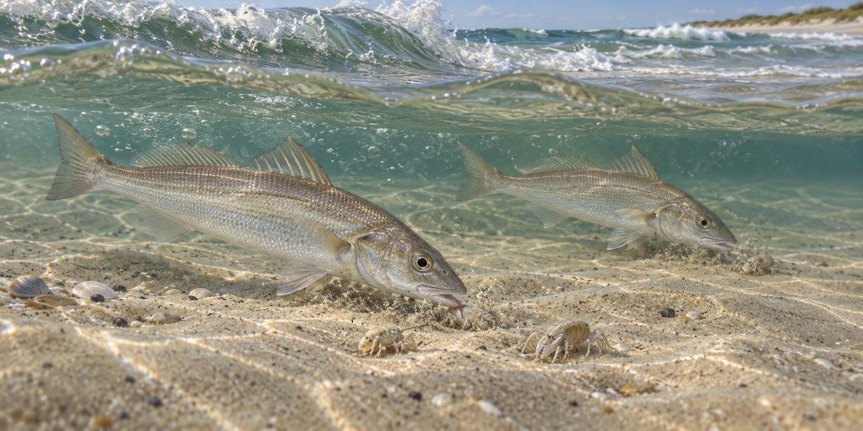 Illustration of whiting feeding over a sandy trough beneath gentle beach waves