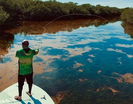 Angler casting toward a mangrove shoreline with Spirit Fly Charters