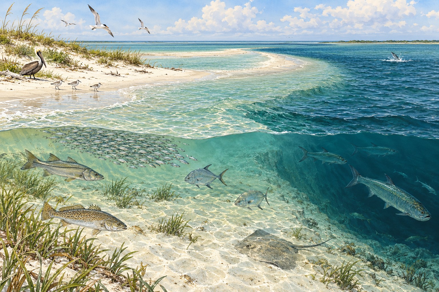 Habitat illustration of a barrier island point with shallow sandbars beside a deeper tidal channel