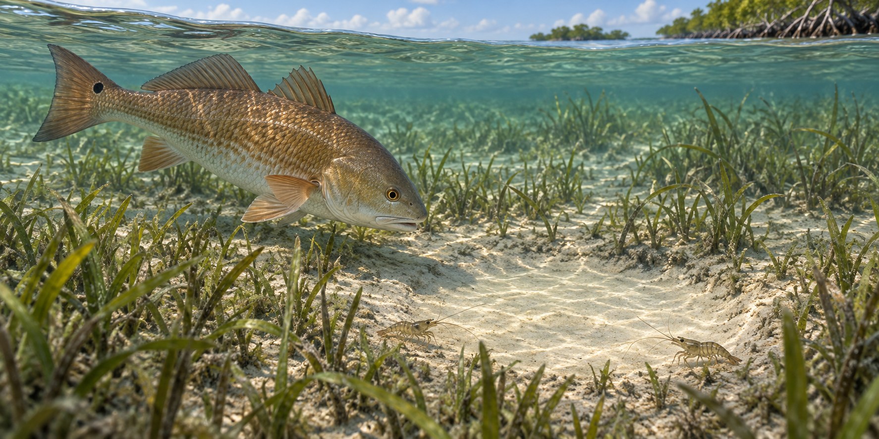 Illustration of a redfish moving beside shallow seagrass in lagoon water