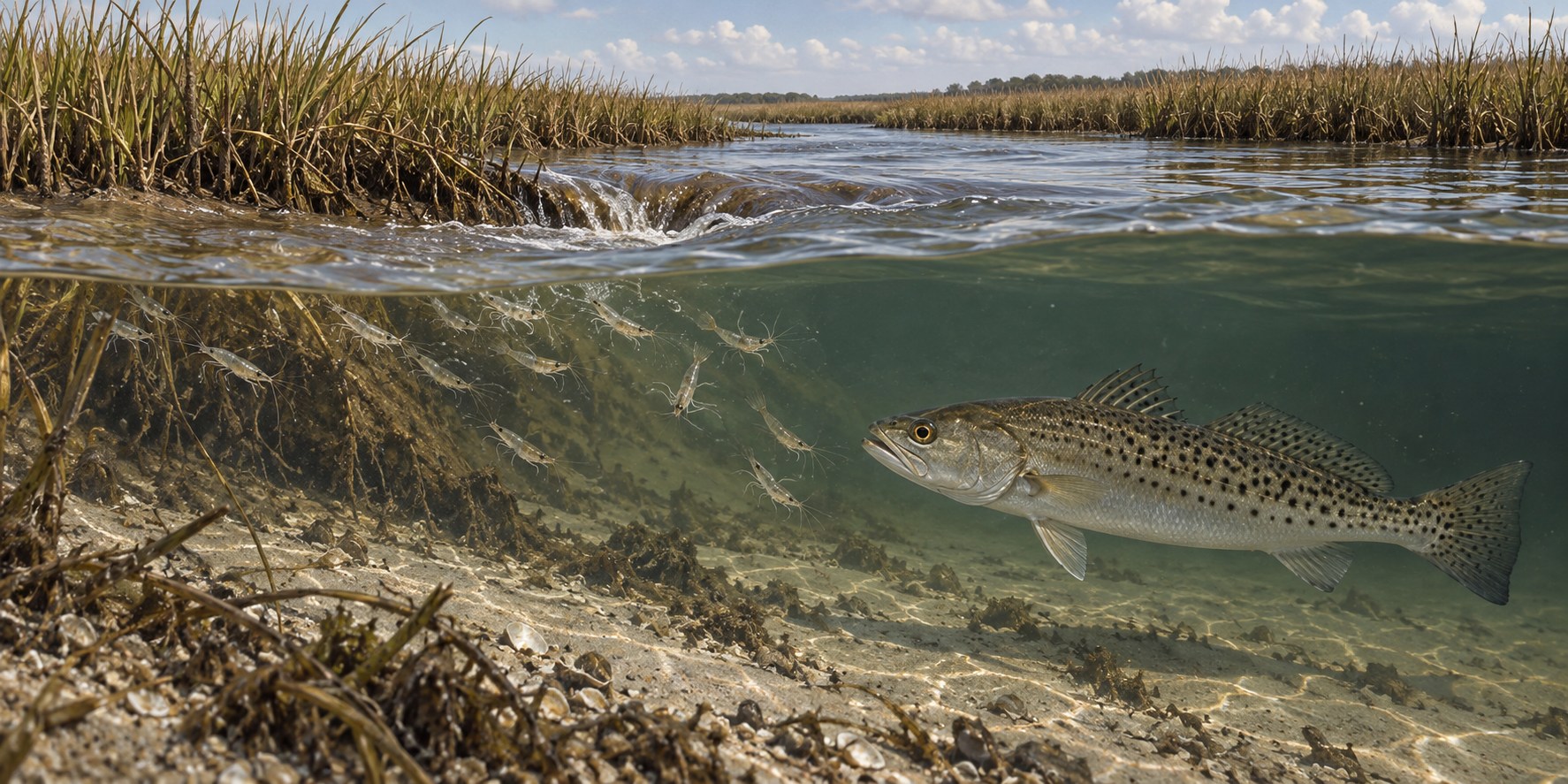 Illustration of a spotted seatrout waiting beside a salt-marsh drain