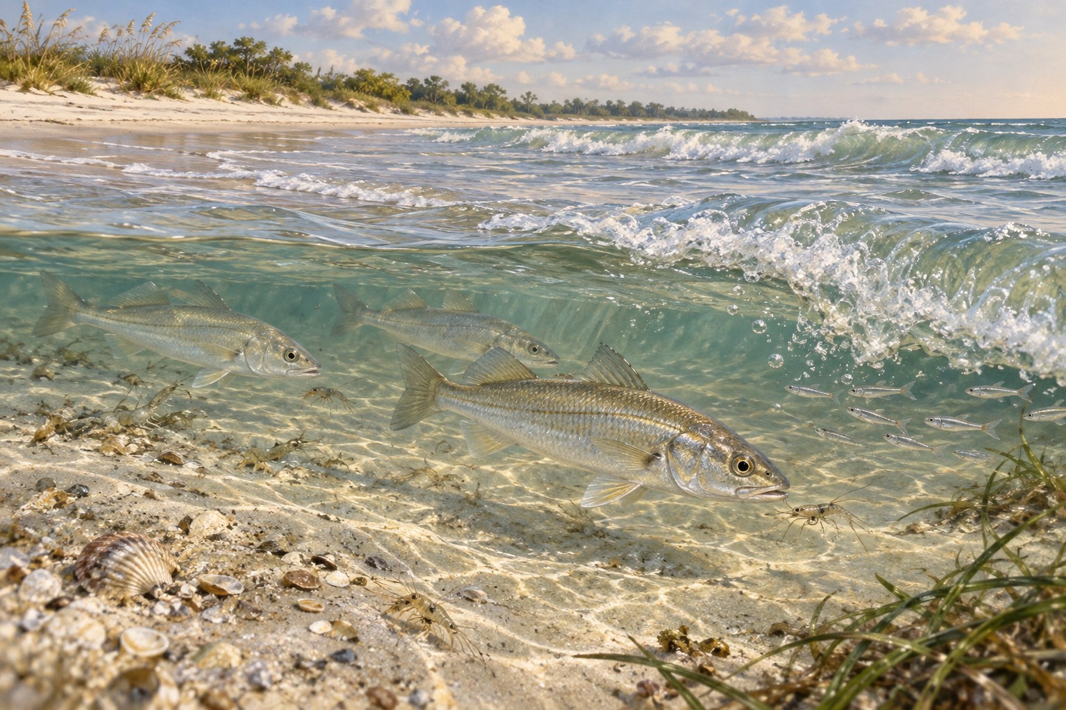 Habitat illustration showing whiting in small Gulf shorebreak