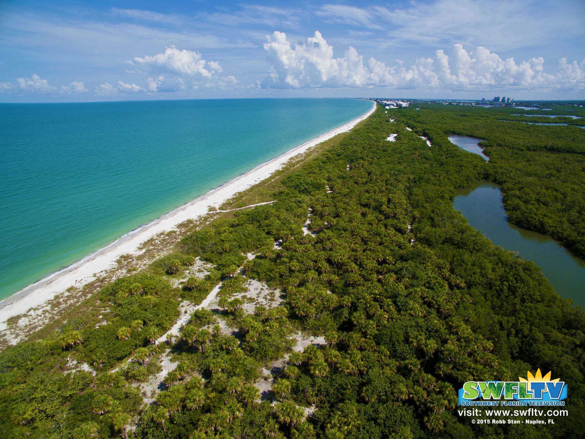 Aerial view of beach and mangroves at Barefoot Beach Preserve