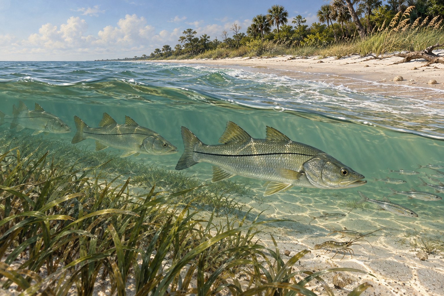 Habitat illustration showing snook traveling parallel to a natural beach edge