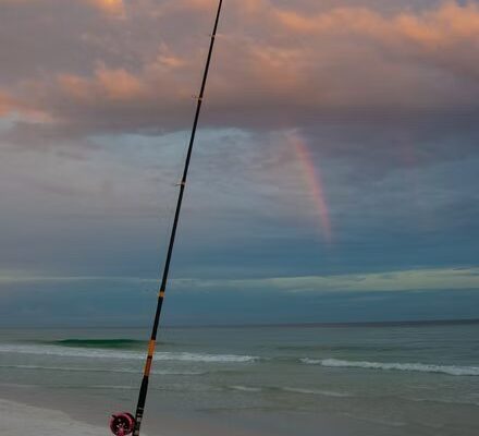 Beach fishing rod set upright at sunset with 30A Shark Fishing