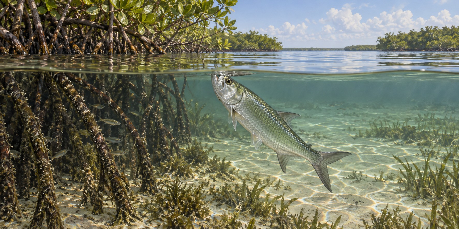 Illustration of a juvenile tarpon beside mangrove roots in sheltered estuary water