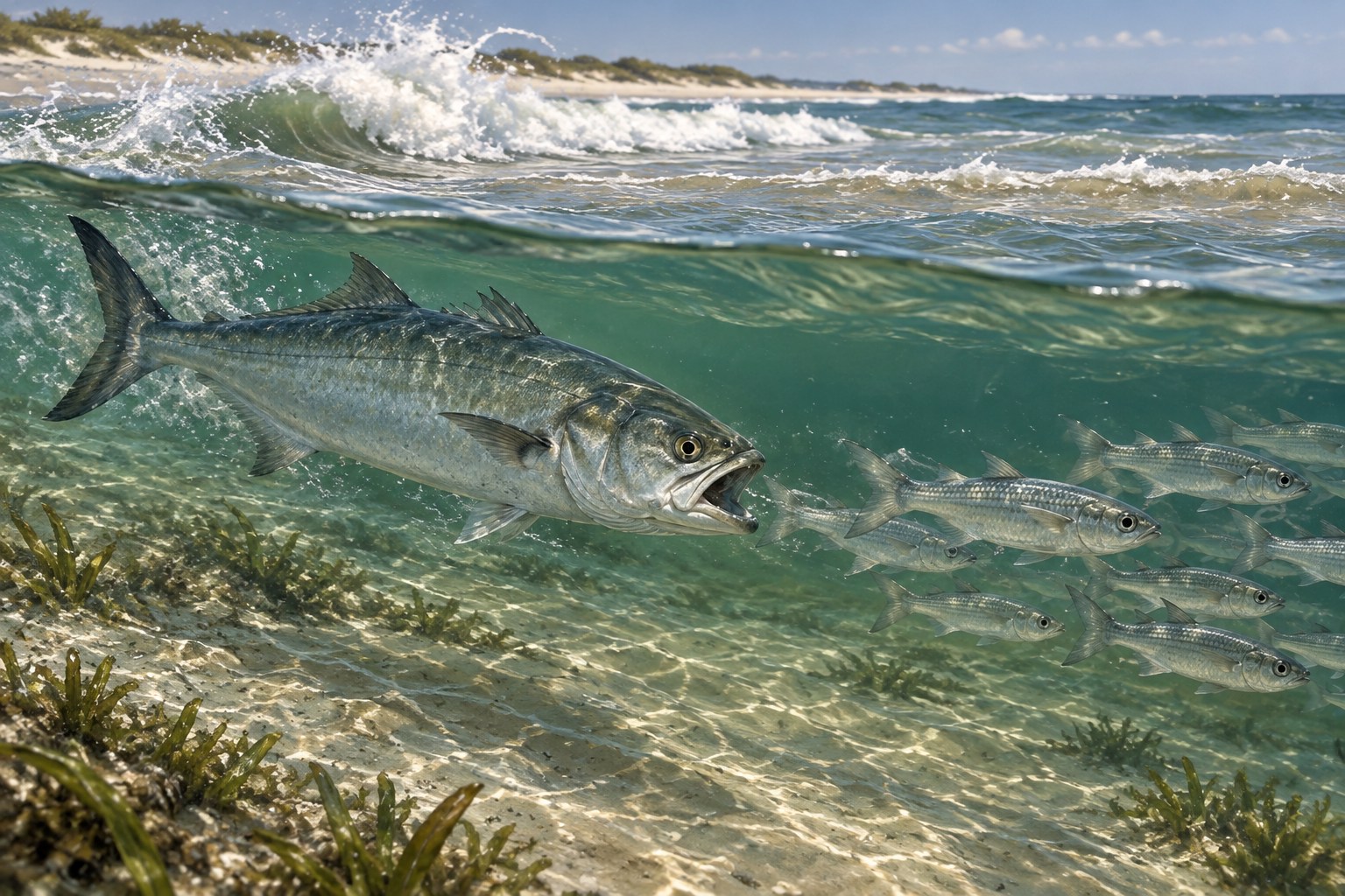 Illustration of a bluefish following small baitfish through shallow surf
